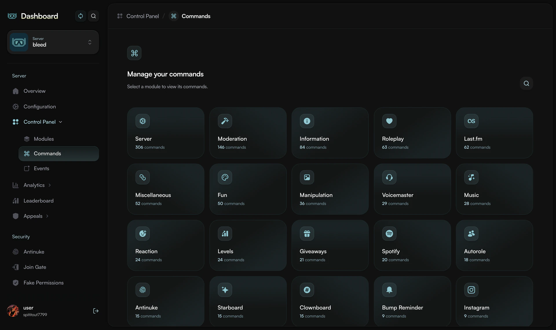 dashboard manage your commands