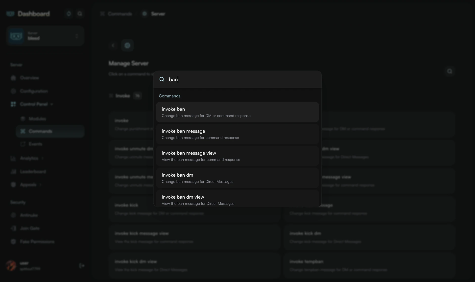 dashboard search menu