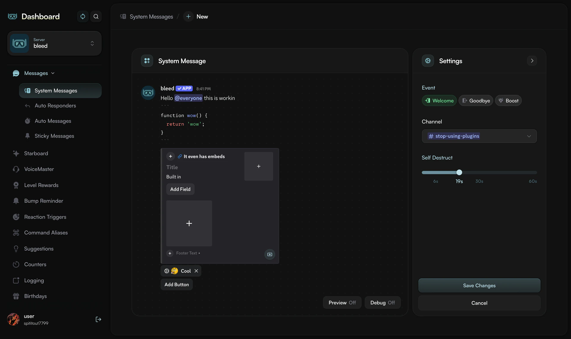 dashboard message builder